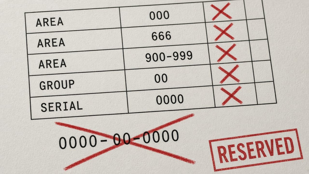 Printed reserved table with AREA 000, 666, 900-999, GROUP 00, SERIAL 0000 and 000-00-0000 crossed out