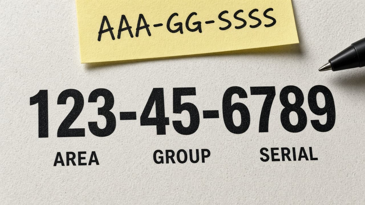 Close-up of 123-45-6789 labeled AREA, GROUP, and SERIAL under AAA-GG-SSSS