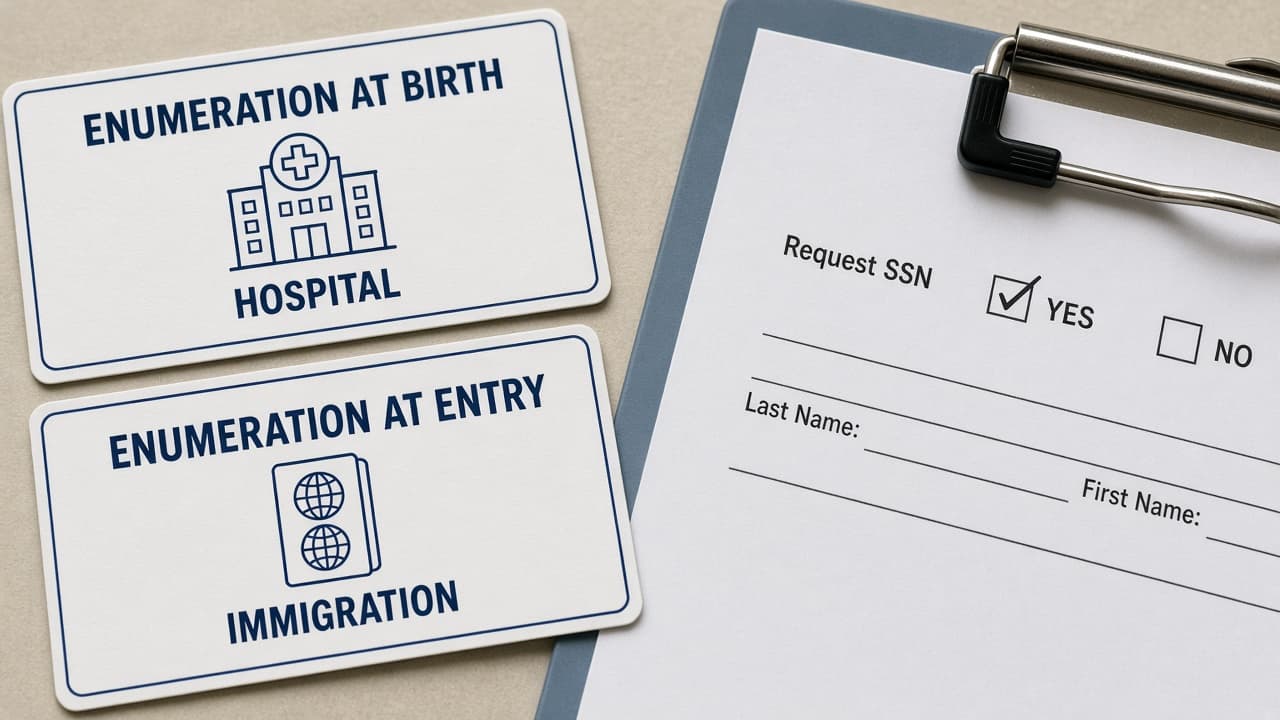 Path cards labeled ENUMERATION AT BIRTH HOSPITAL and ENUMERATION AT ENTRY IMMIGRATION with YES checked