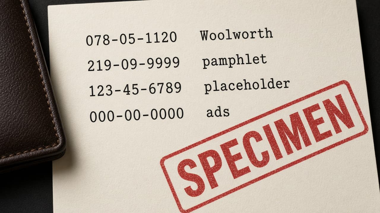 Printed sample list 078-05-1120 Woolworth, 219-09-9999 pamphlet, 123-45-6789, 000-00-0000 with SPECIMEN stamp