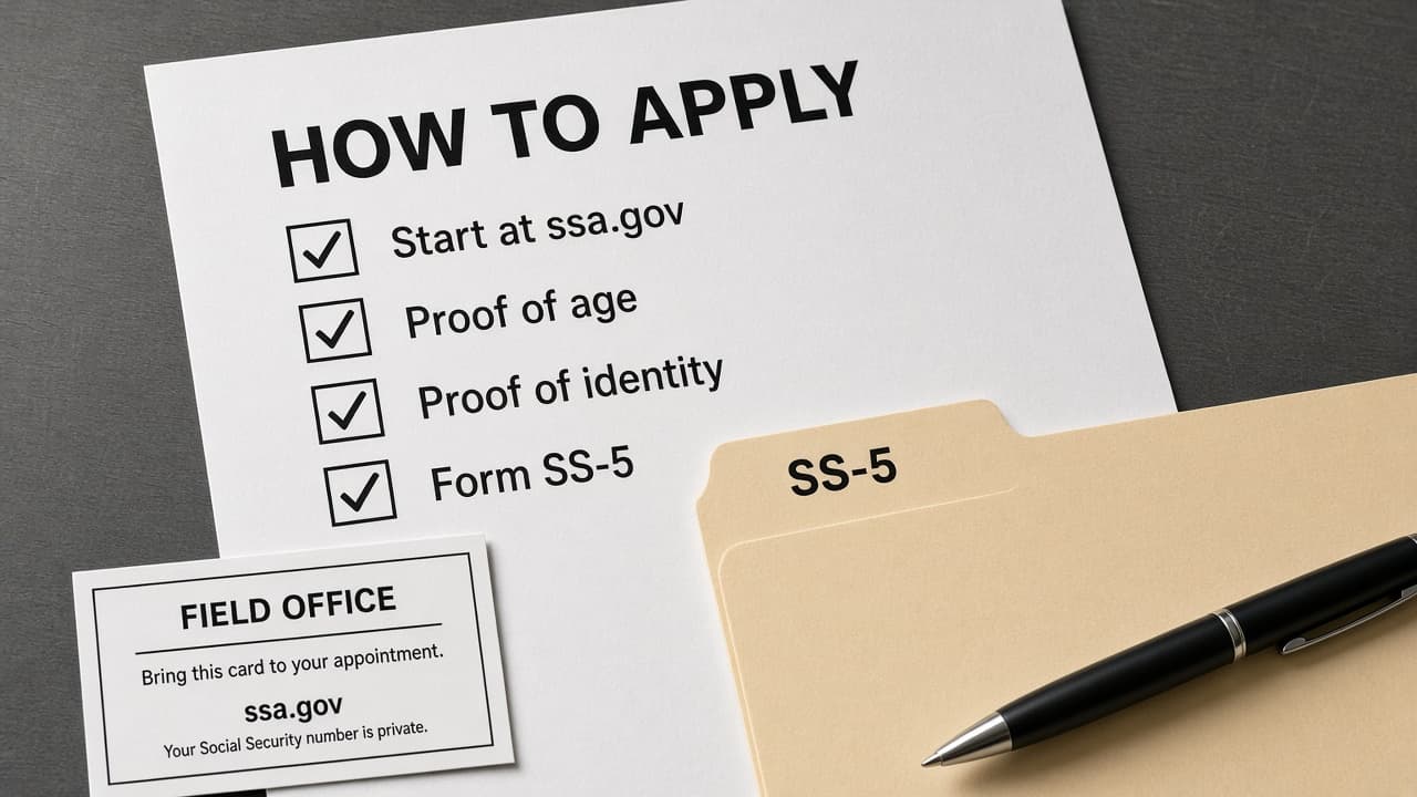 Checked HOW TO APPLY list: ssa.gov, proof of age, proof of identity, Form SS-5