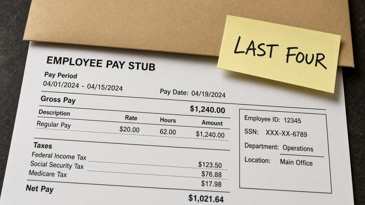 Pay stub filled with Gross Pay and SSN XXX-XX-6789, covered by an envelope and LAST FOUR note