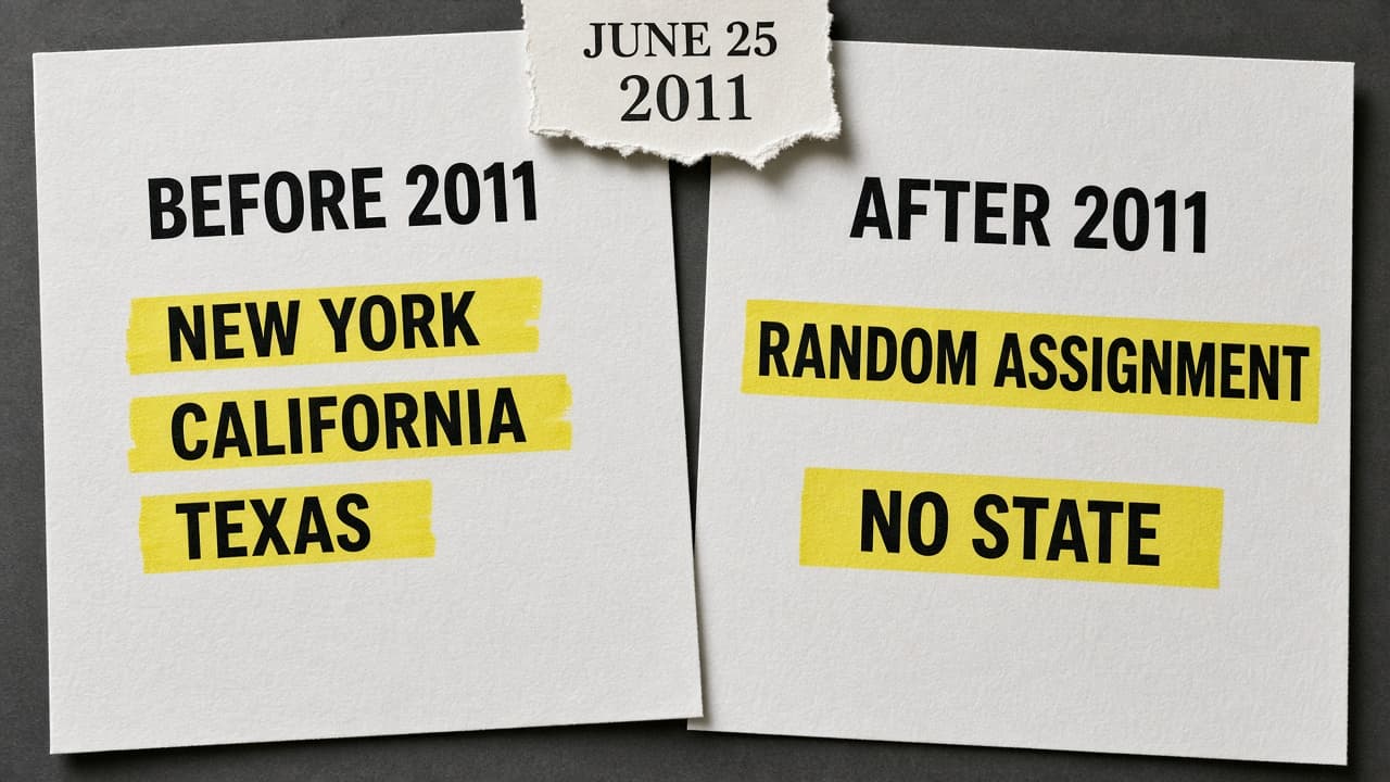 Printed BEFORE 2011 state list beside AFTER 2011 RANDOM ASSIGNMENT and NO STATE