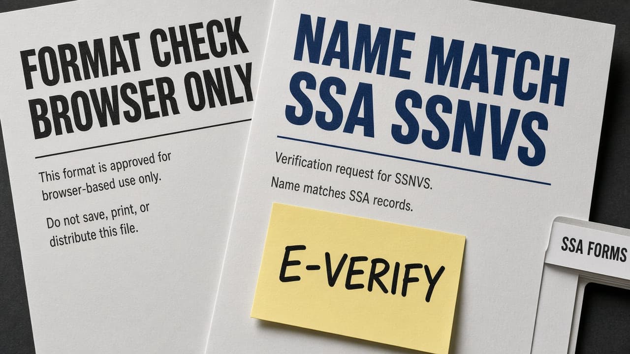 Printed pages labeled FORMAT CHECK BROWSER ONLY and NAME MATCH SSA SSNVS with an E-VERIFY sticky